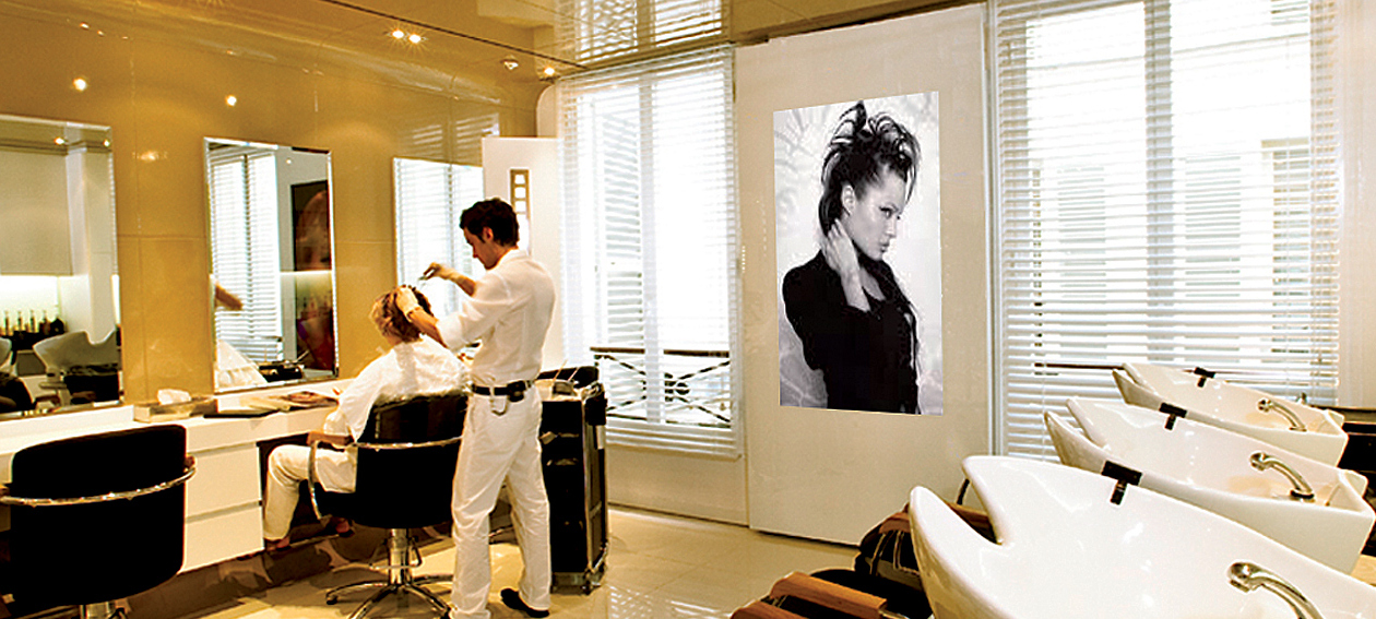 84.0" Glass TV for commercial application, installed in a hairdresser environment @ Salon Dessange Paris in France.