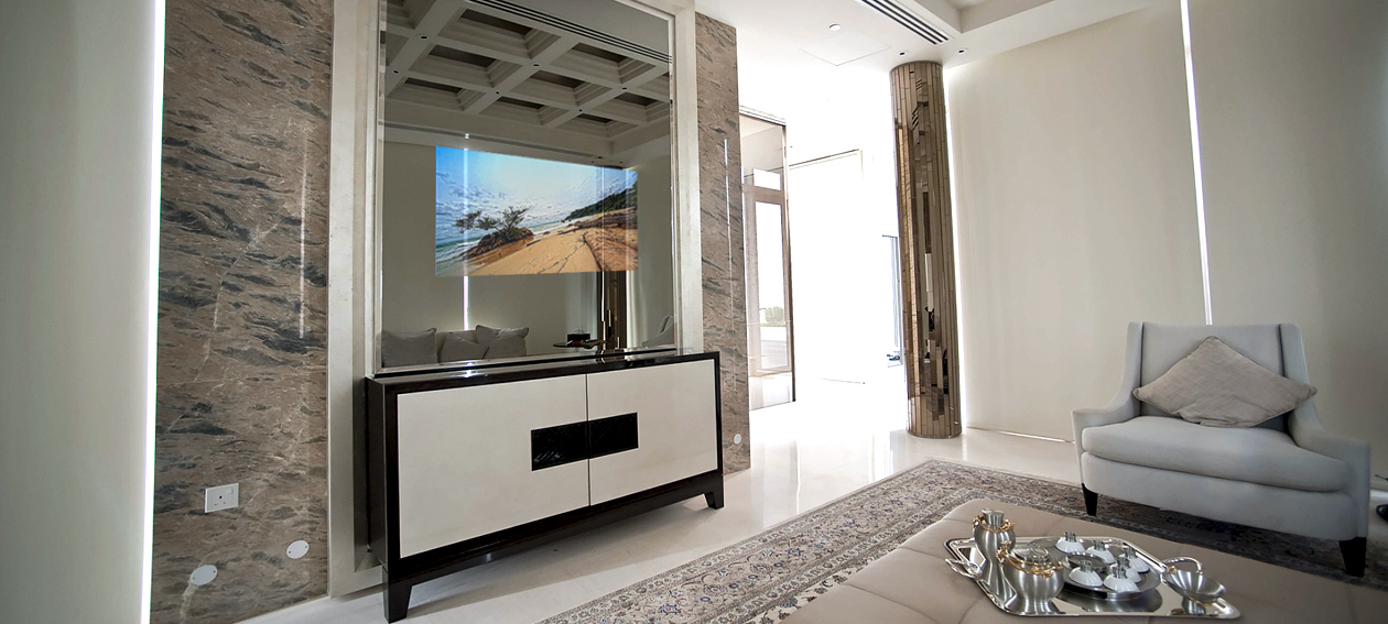 55.0" Mirror TV for residential application, installed in a living room @ Ritz residence in Singapore.